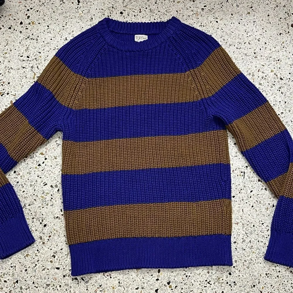 J Crew Shaker stitch chunky fisherman sweater purple gold stripe medium m